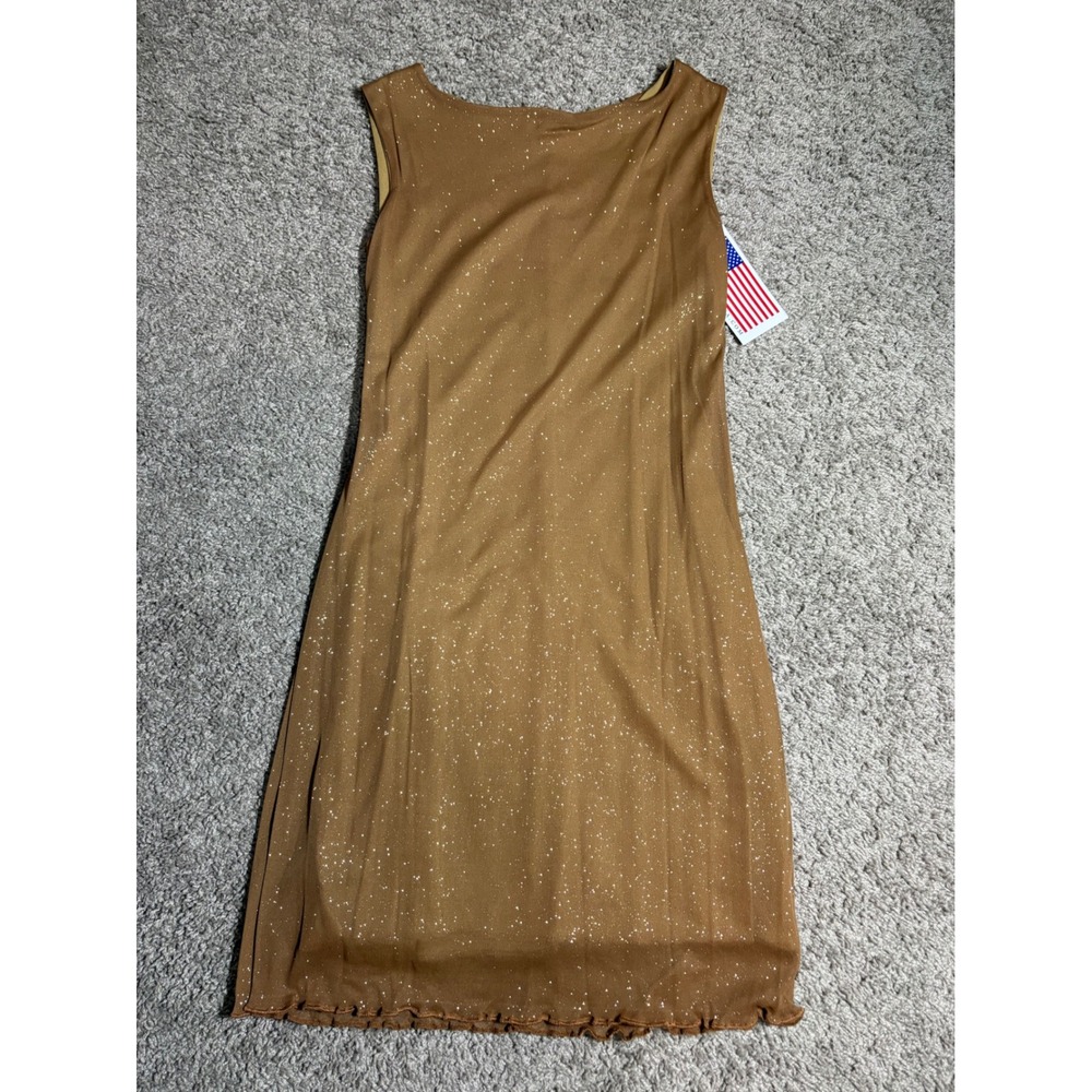 S.H.E. Womens Brown Glitter Mesh Sleeveless Sheath Dress Lettuce Hem XS NWT